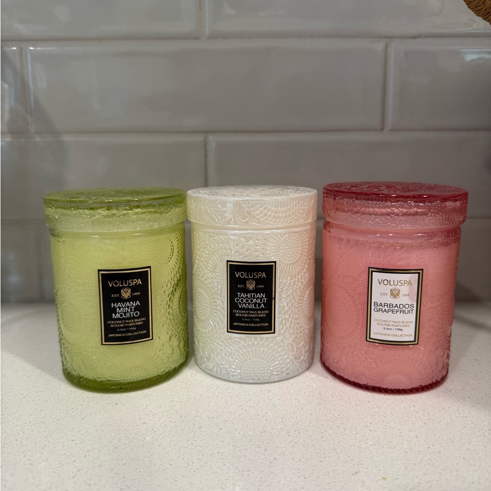 Voluspa Scented Candle Set - Green, White, Pink